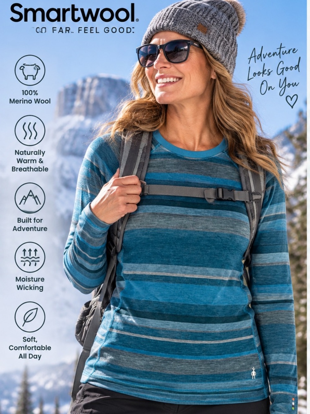 Smartwool Women's Teal and Gray Striped Merino Long Sleeve Top